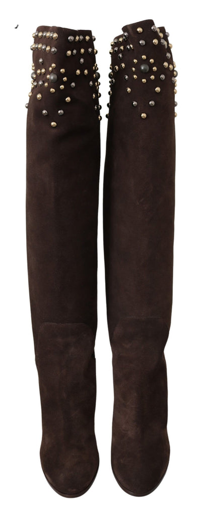 Dolce & Gabbana Brown Suede Studded Knee High Shoes Boots Dolce & Gabbana