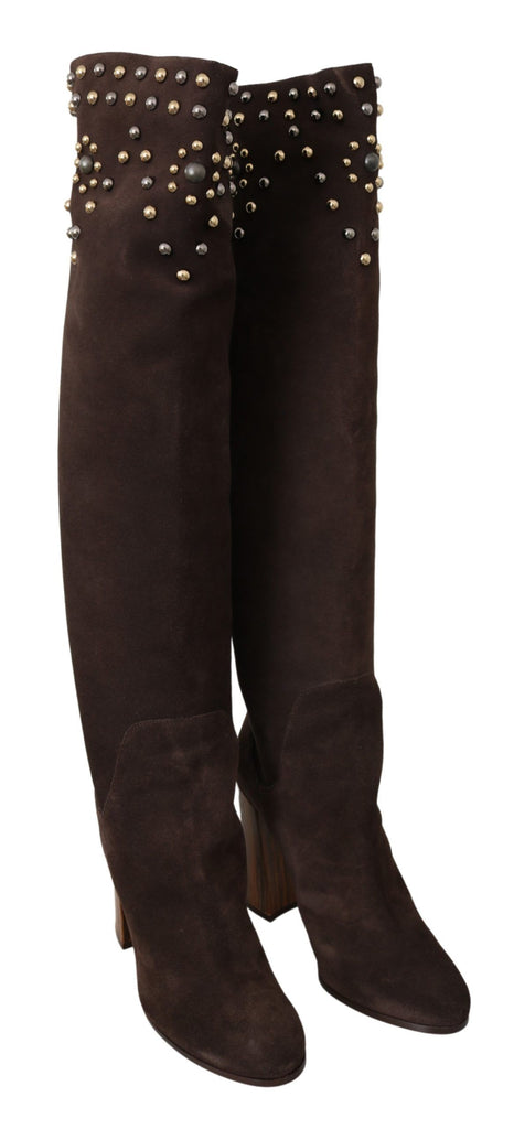 Dolce & Gabbana Brown Suede Studded Knee High Shoes Boots Dolce & Gabbana