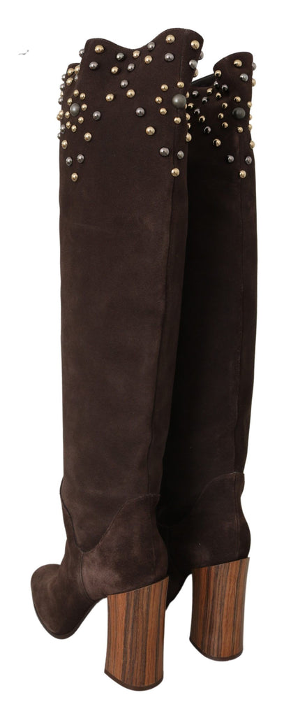 Dolce & Gabbana Brown Suede Studded Knee High Shoes Boots Dolce & Gabbana
