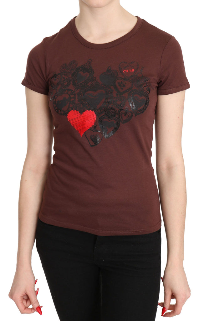 Exte Brown Hearts Printed Round Neck T-shirt Top - Luxe & Glitz