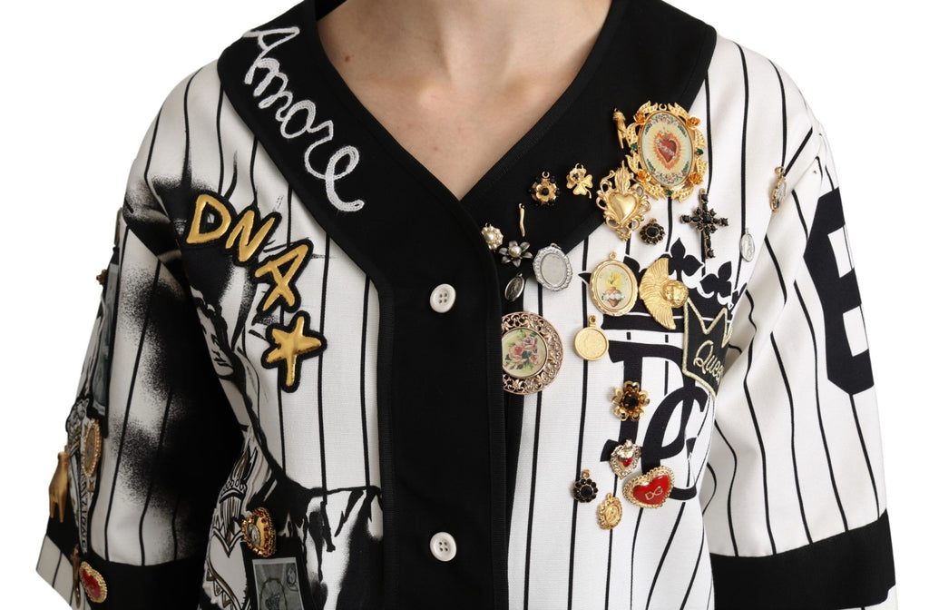 Dolce & Gabbana White and black Blouse Cotton Crystal Charms Amore Shirt - Luxe & Glitz