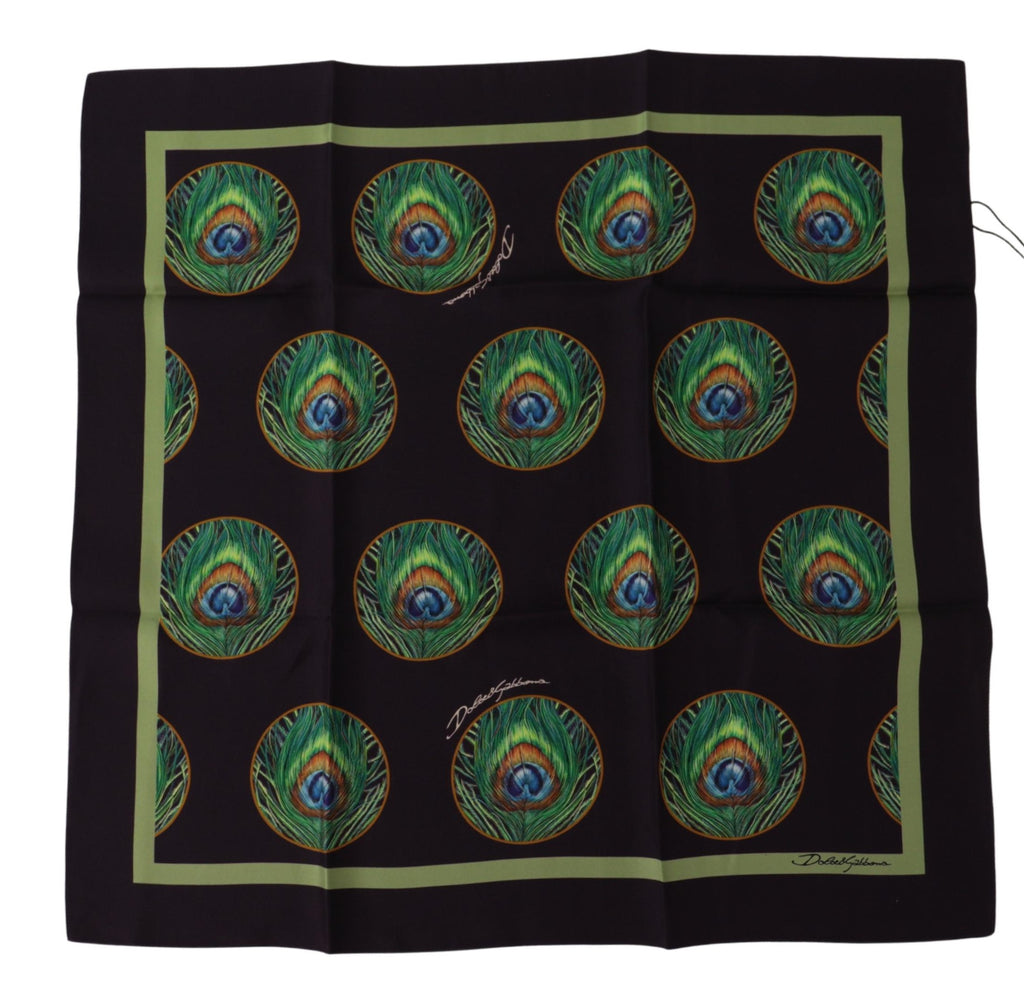 Dolce & Gabbana Black Peacock Feather DG Printed Square Handkerchief Scarf - Luxe & Glitz