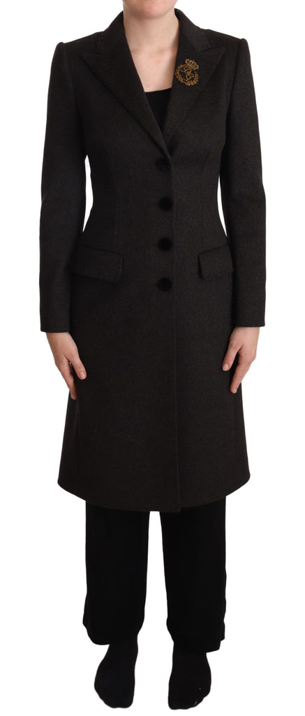 Dolce & Gabbana Gray Wool Cashmere Coat Crest Applique Jacket Dolce & Gabbana