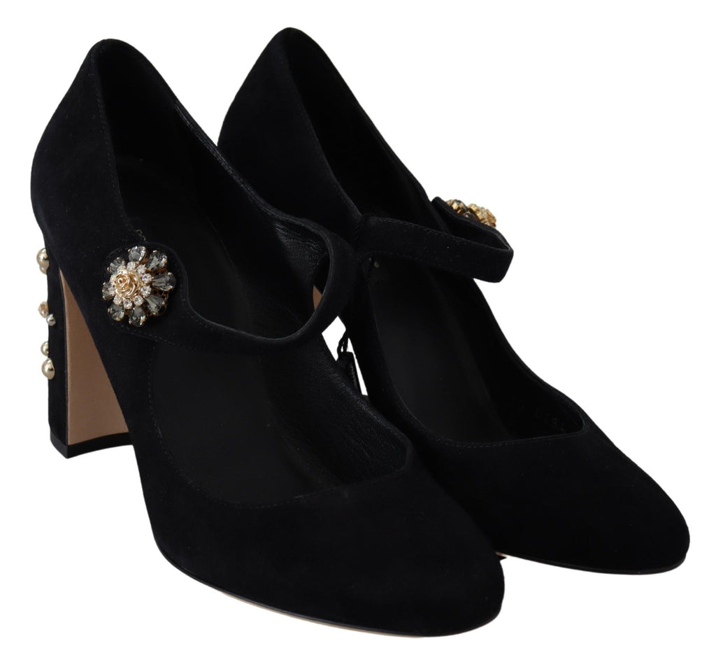 Dolce & Gabbana Black Suede Crystal Heels Mary Jane Shoes Dolce & Gabbana