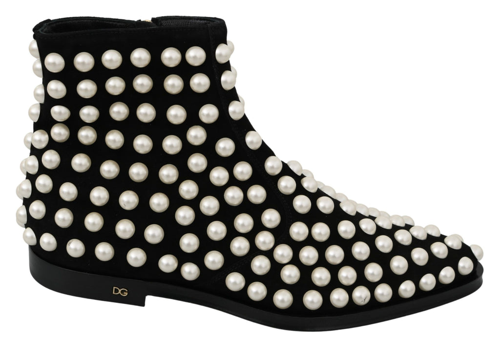 Dolce & Gabbana Black Suede Pearl Studs Boots Shoes Dolce & Gabbana