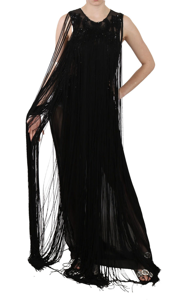 John Richmond Black Silk Beaded Sequined Sheer Dress - Luxe & Glitz