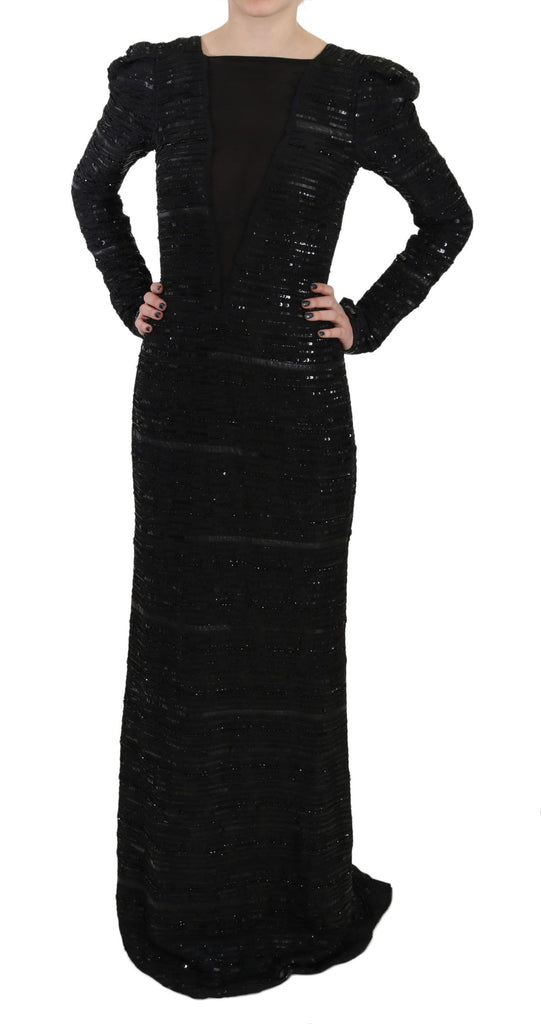 John Richmond Black Silk Full Length Sequined Gown Dress - Luxe & Glitz