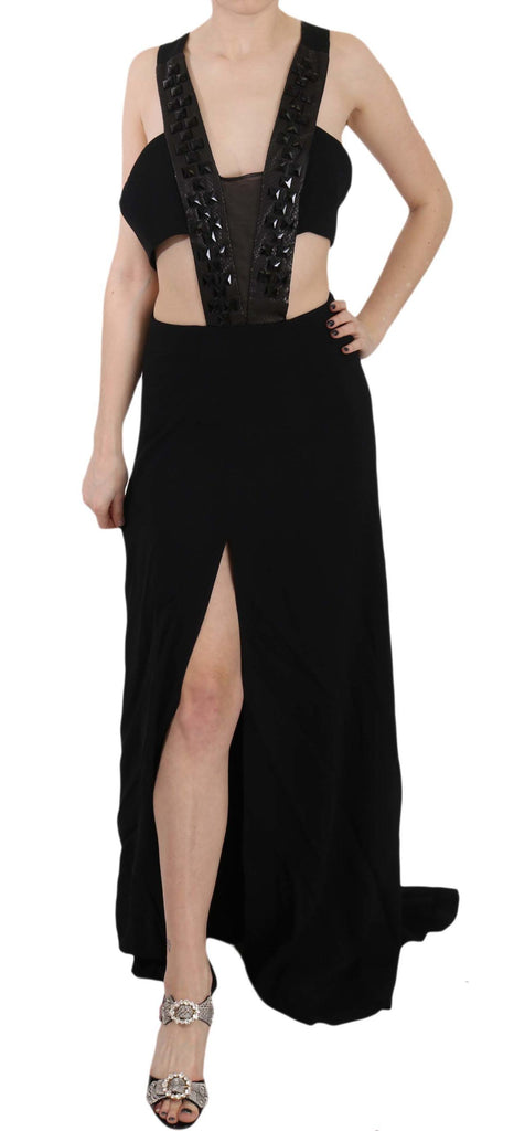John Richmond Black Crystal Leather Gown Flare Dress - Luxe & Glitz
