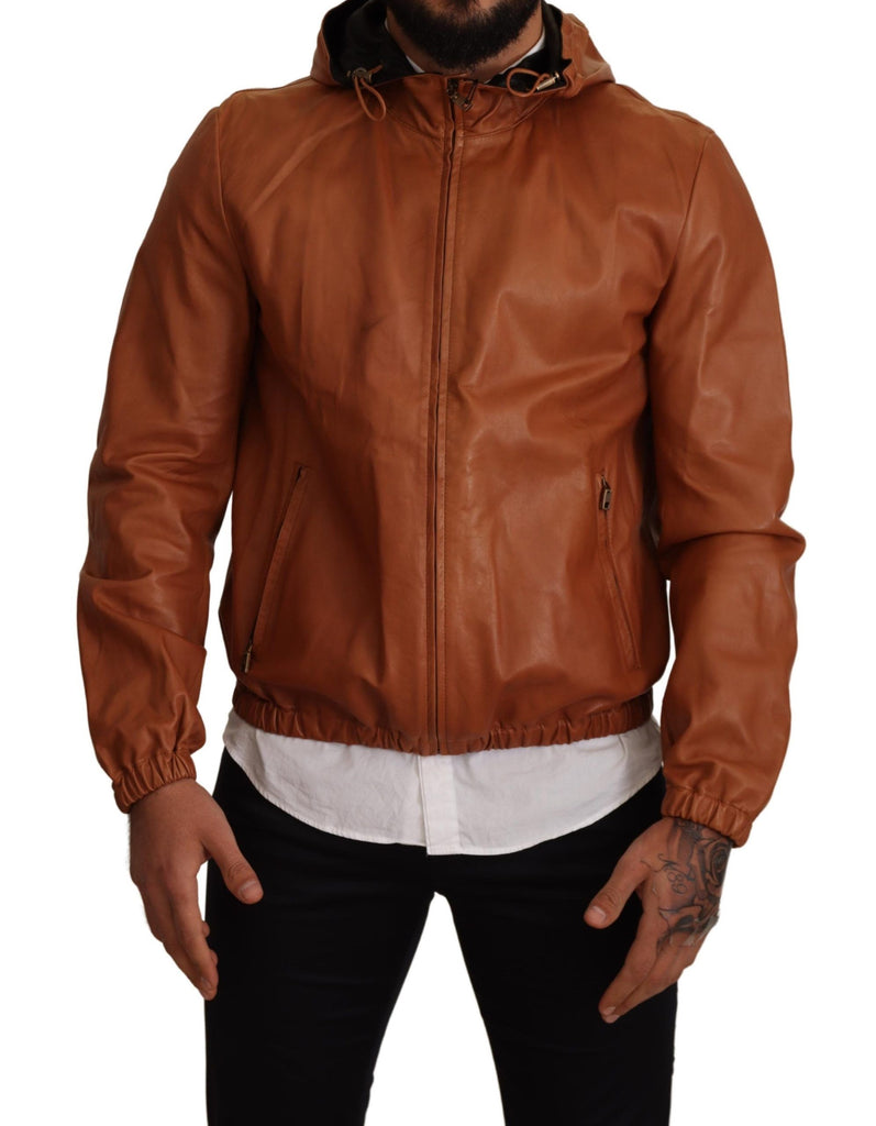 Dolce & Gabbana Brown Leather Lambskin Hooded Coat Jacket - Luxe & Glitz