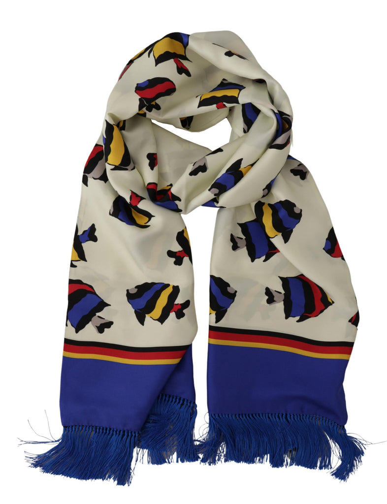 Dolce & Gabbana Multicolor Fish Printed Shawl Neck Wrap Fringe Scarf - Luxe & Glitz