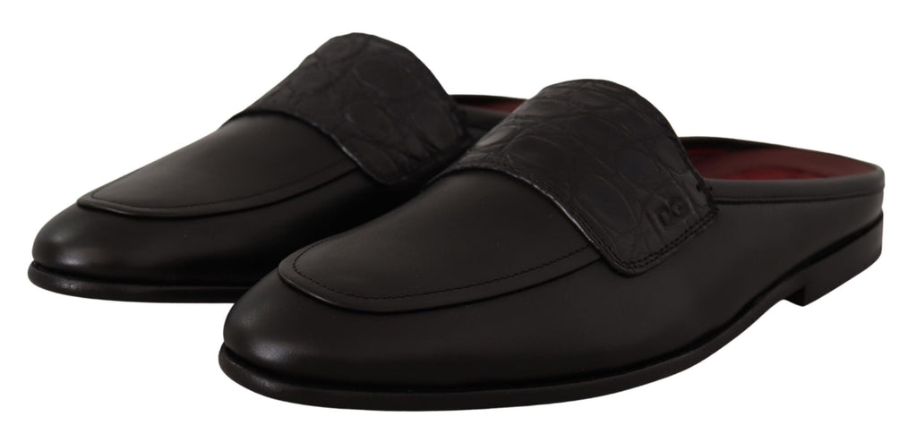 Dolce & Gabbana Black Leather Caiman Sandals Slides Slip Shoes Dolce & Gabbana