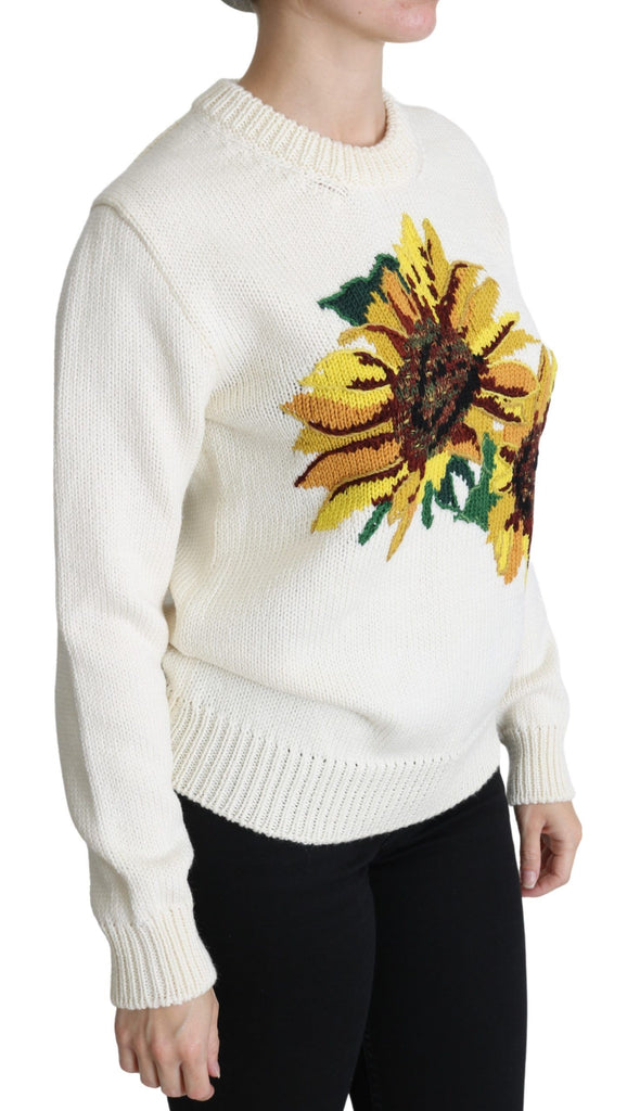 Dolce & Gabbana White Floral Wool Pullover Sunflower Sweater - Luxe & Glitz
