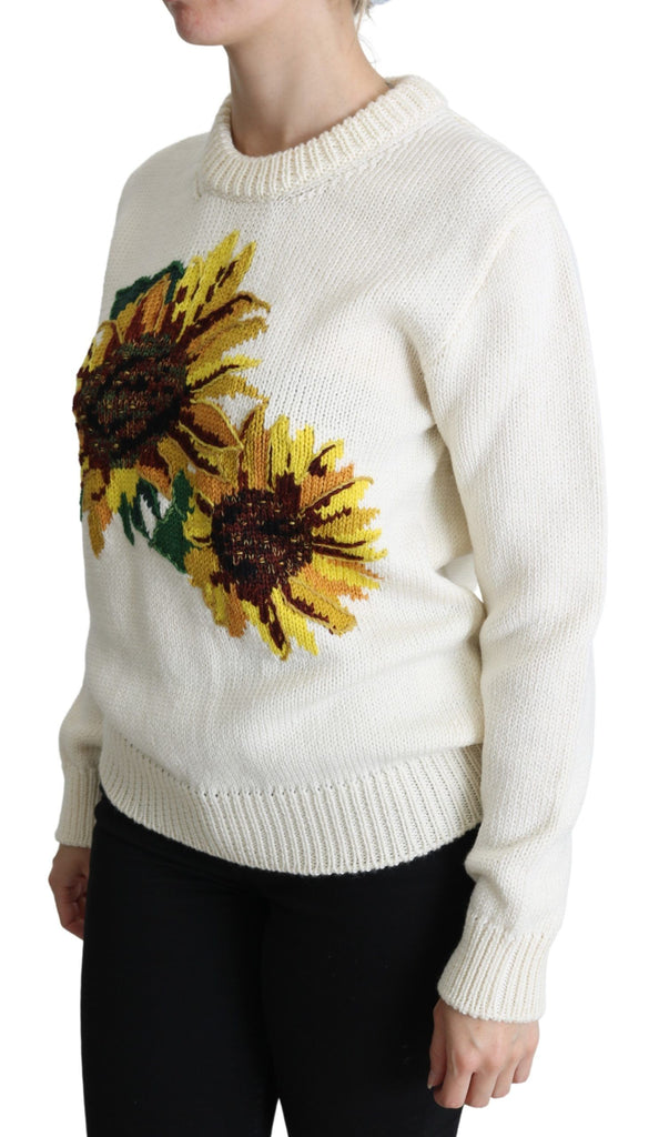 Dolce & Gabbana White Floral Wool Pullover Sunflower Sweater - Luxe & Glitz