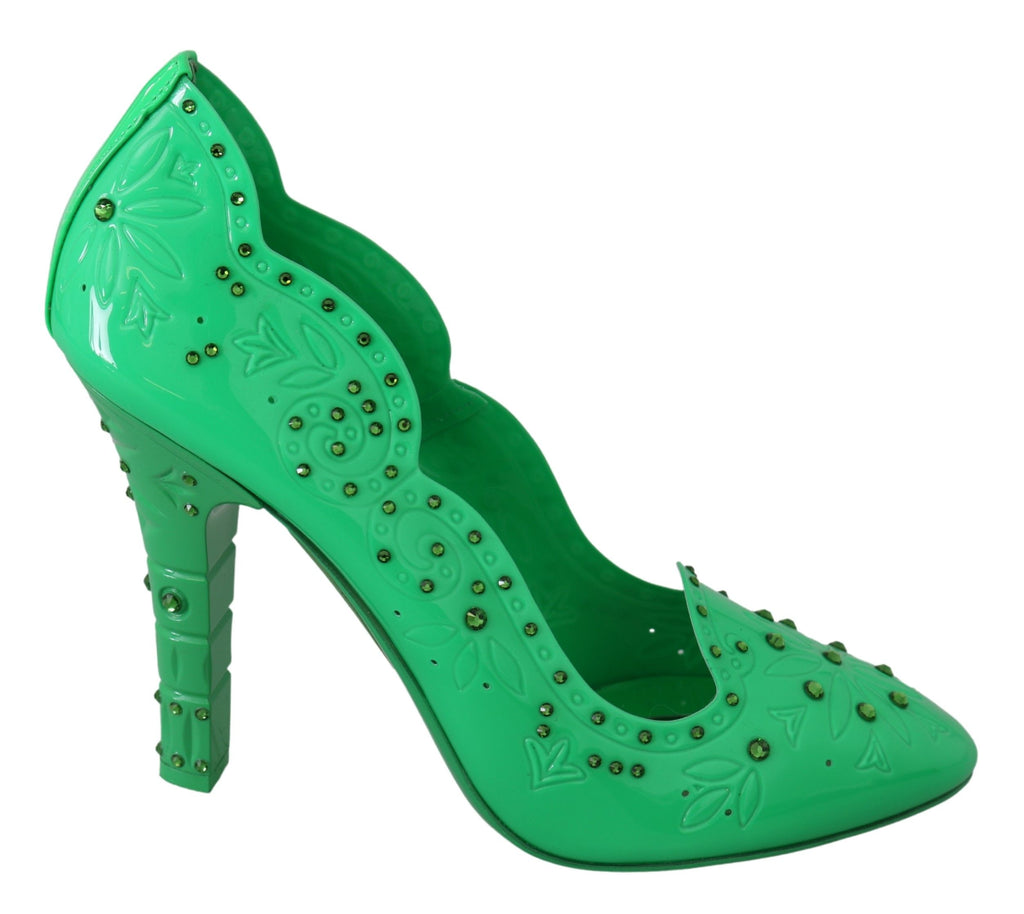 Dolce & Gabbana Green Crystal Floral Heels CINDERELLA Shoes Dolce & Gabbana