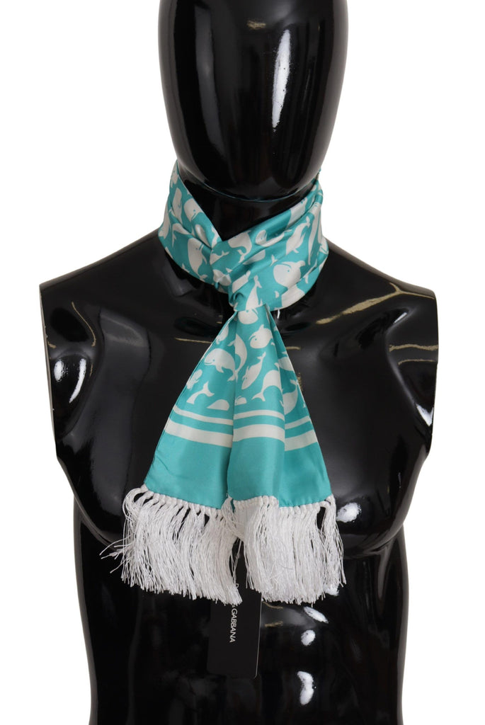 Dolce & Gabbana Blue Whale Printed Shawl Wrap Fringe Silk Teal Scarf - Luxe & Glitz