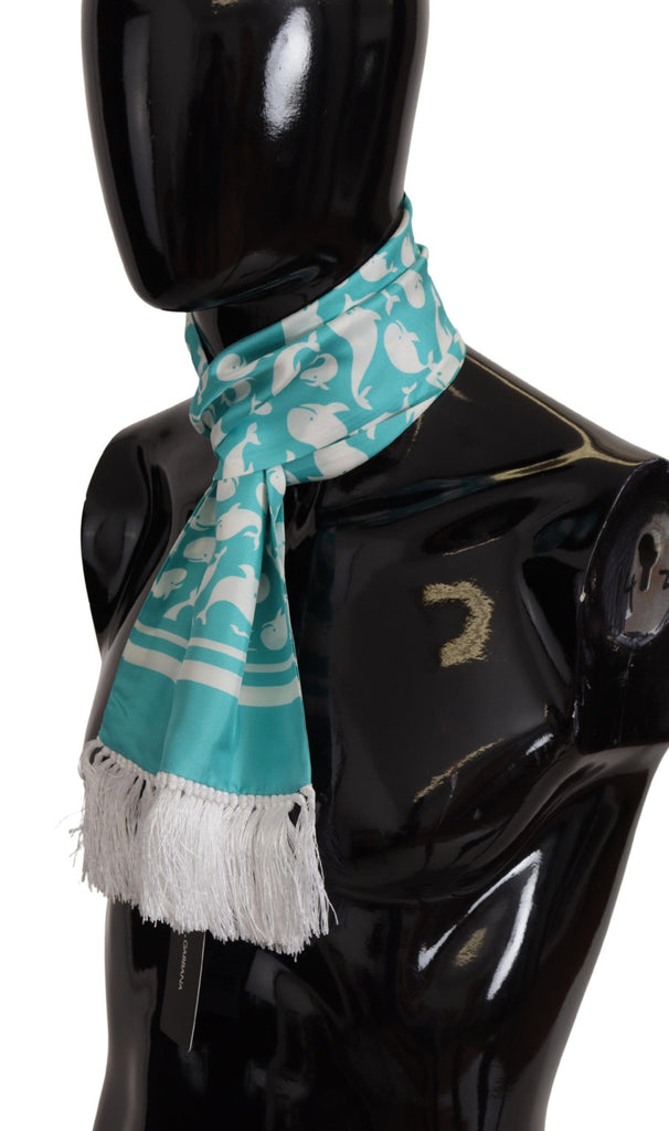 Dolce & Gabbana Blue Whale Printed Shawl Wrap Fringe Silk Teal Scarf - Luxe & Glitz