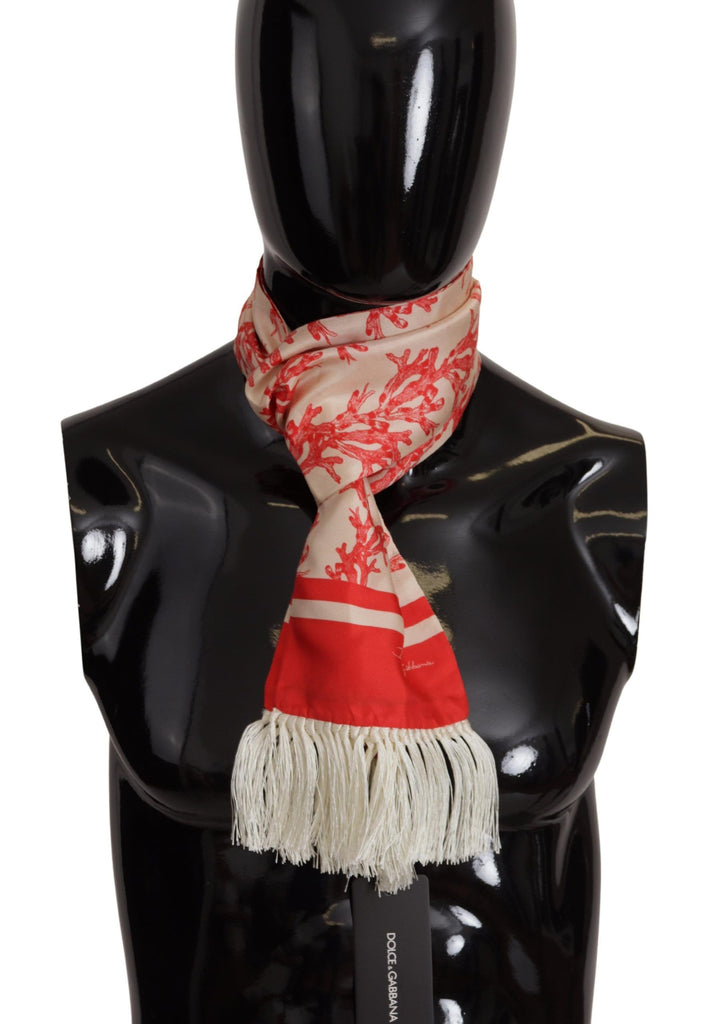 Dolce & Gabbana White Red Coral Print Shawl Wrap Fringe Scarf - Luxe & Glitz