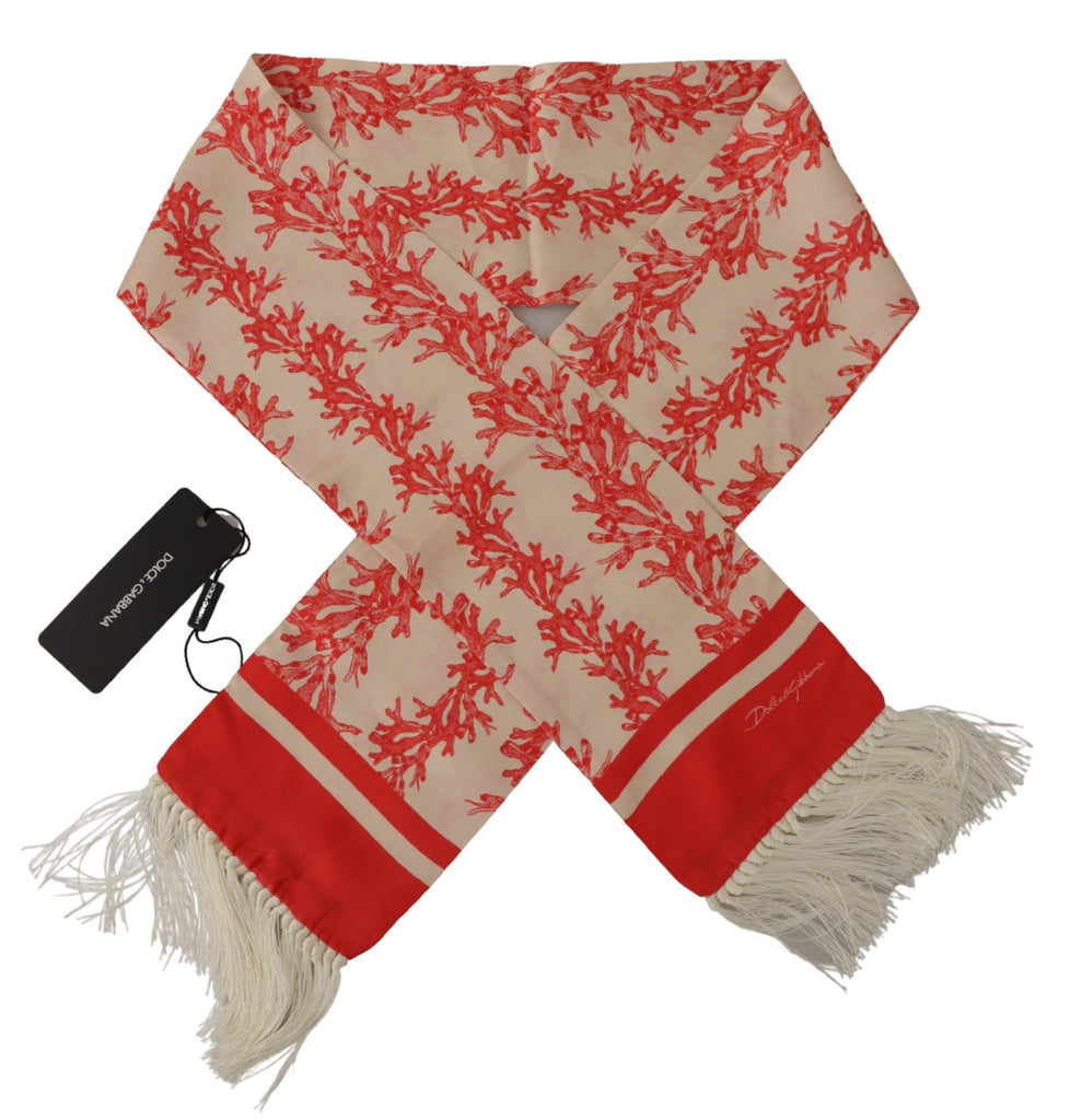 Dolce & Gabbana White Red Coral Print Shawl Wrap Fringe Scarf - Luxe & Glitz