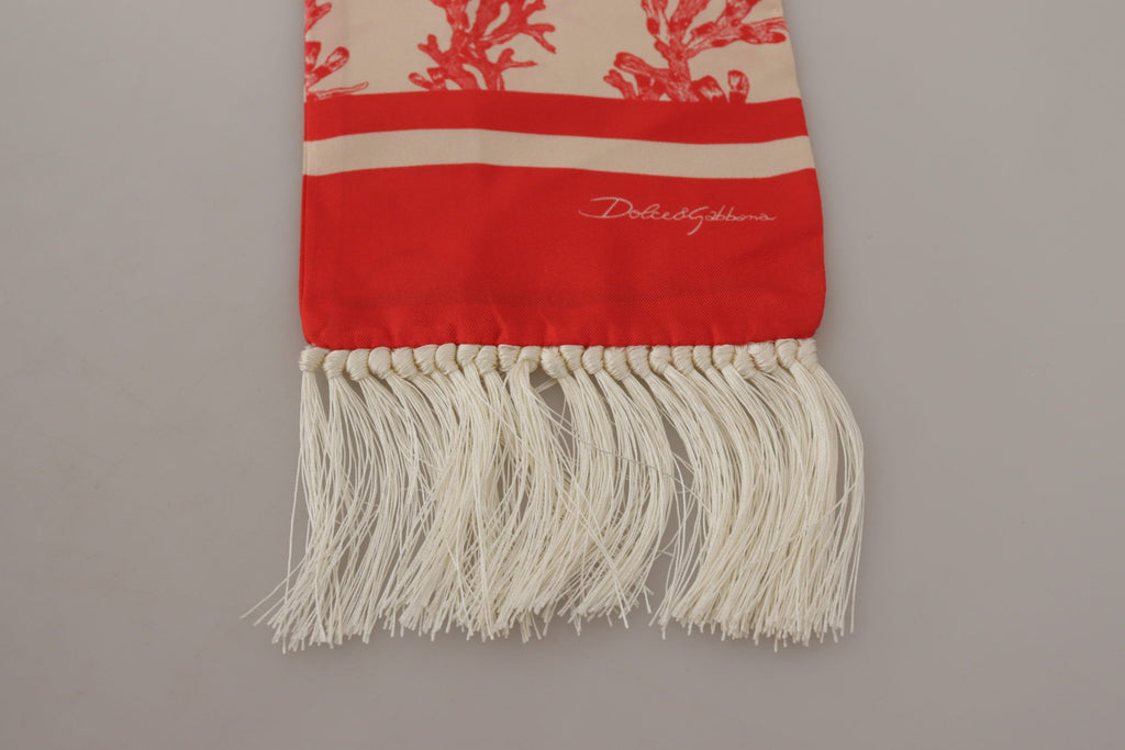 Dolce & Gabbana White Red Coral Print Shawl Wrap Fringe Scarf - Luxe & Glitz