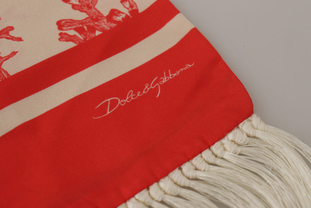 Dolce & Gabbana White Red Coral Print Shawl Wrap Fringe Scarf - Luxe & Glitz