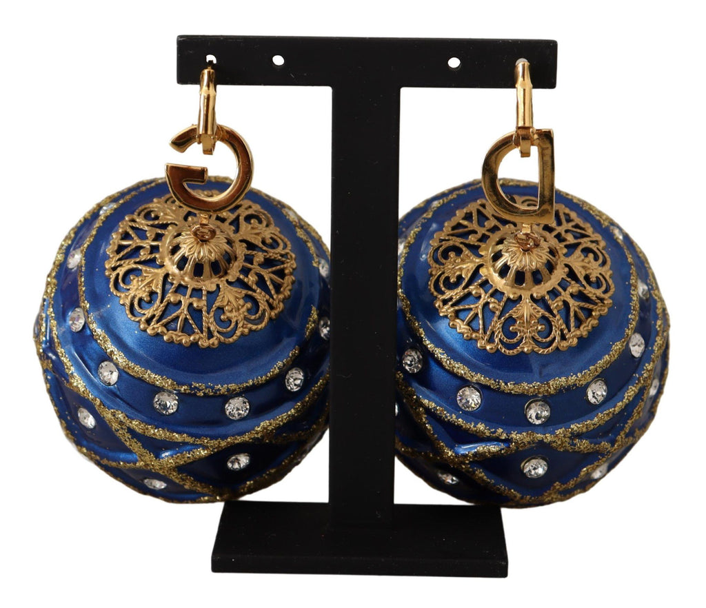 Dolce & Gabbana Blue Christmas Ball Crystal Hook Gold Brass Earrings Dolce & Gabbana