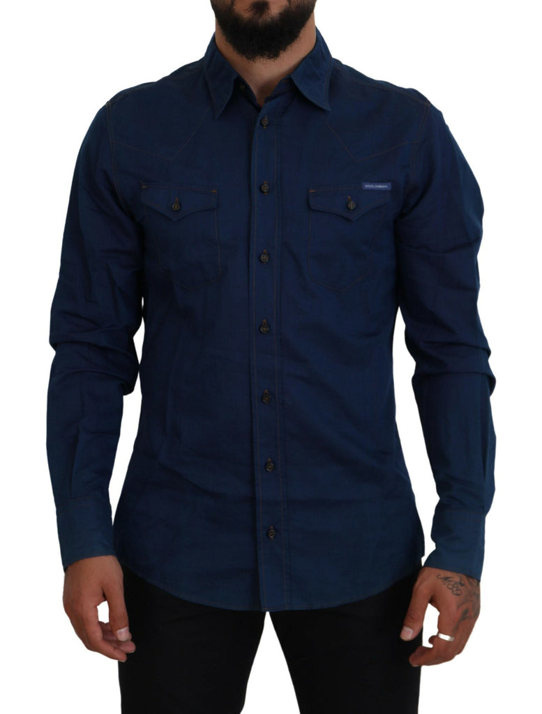 Dolce & Gabbana Blue Denim Cotton Slim Fit GOLD Shirt Dolce & Gabbana