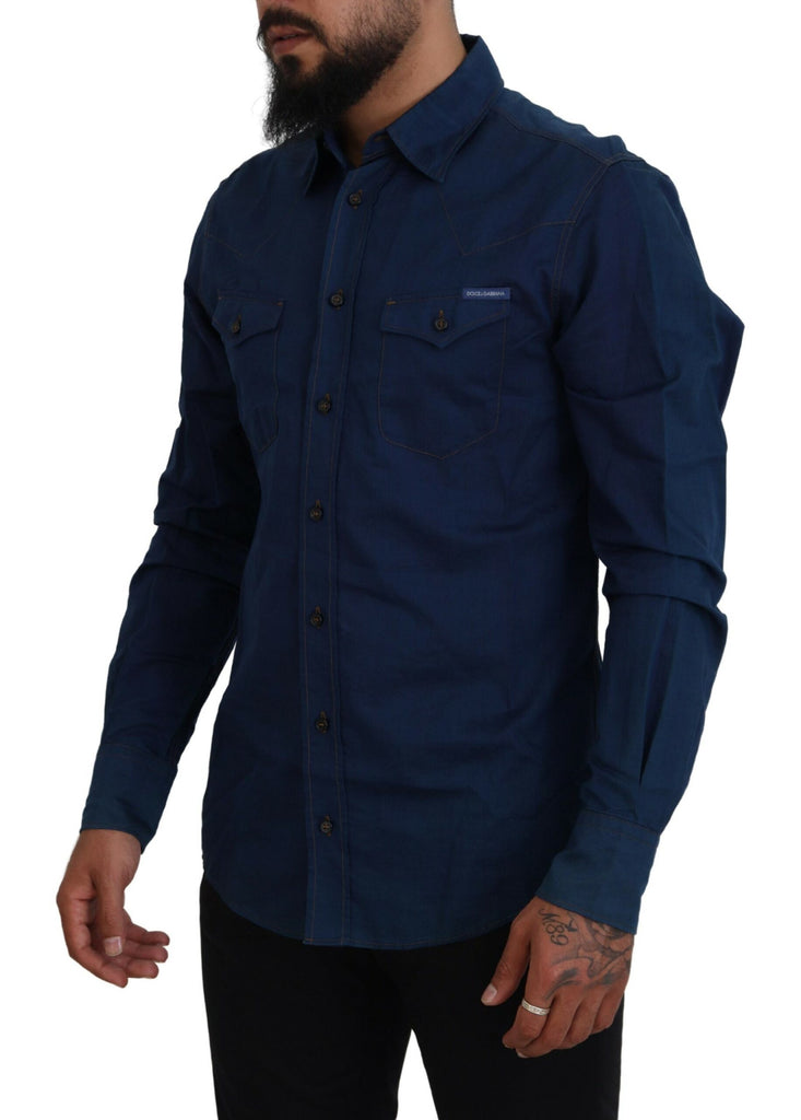 Dolce & Gabbana Blue Denim Cotton Slim Fit GOLD Shirt Dolce & Gabbana