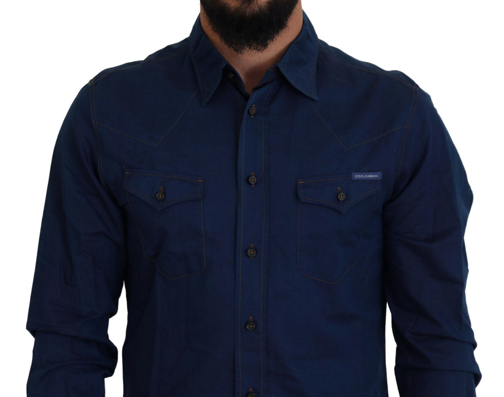 Dolce & Gabbana Blue Denim Cotton Slim Fit GOLD Shirt Dolce & Gabbana