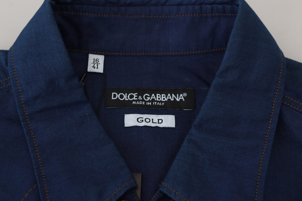 Dolce & Gabbana Blue Denim Cotton Slim Fit GOLD Shirt Dolce & Gabbana