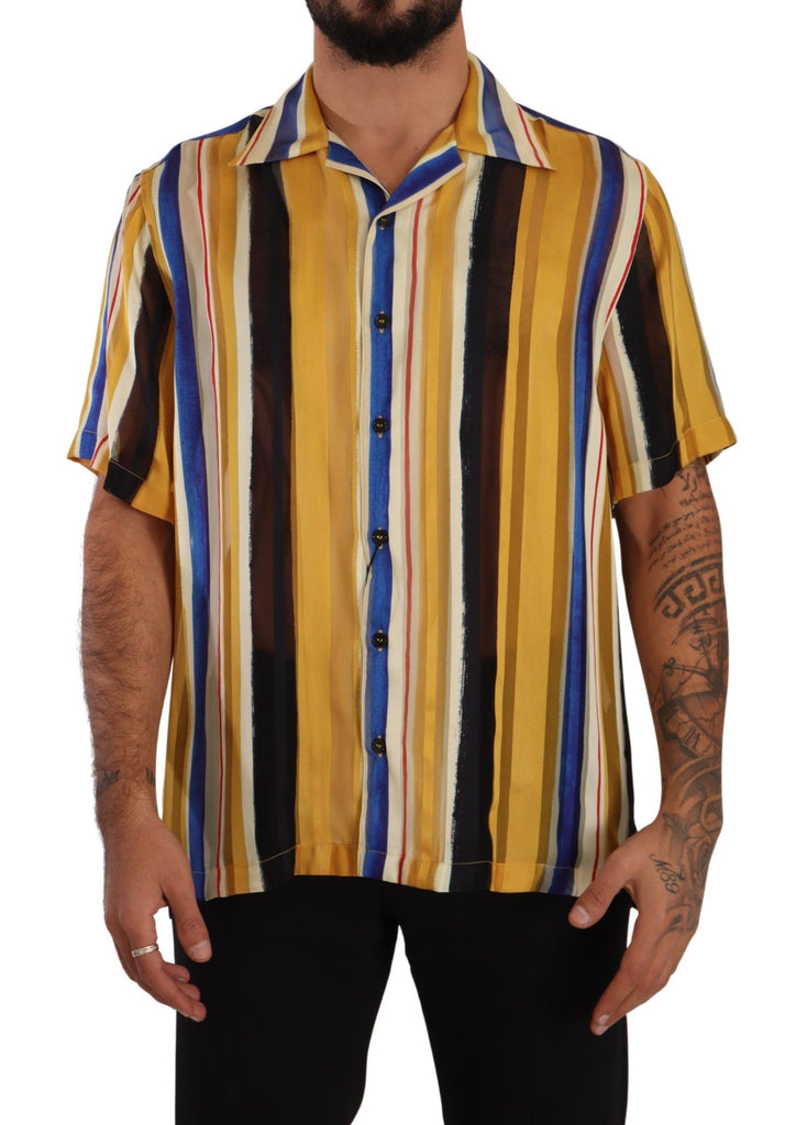 Dolce & Gabbana Yellow Striped Short Sleeve Silk Shirt Dolce & Gabbana