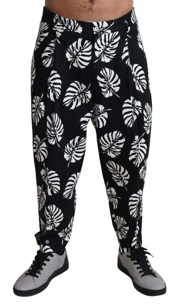 Dolce & Gabbana Black Leaf Cotton Stretch Trouser Pants Pants - Luxe & Glitz