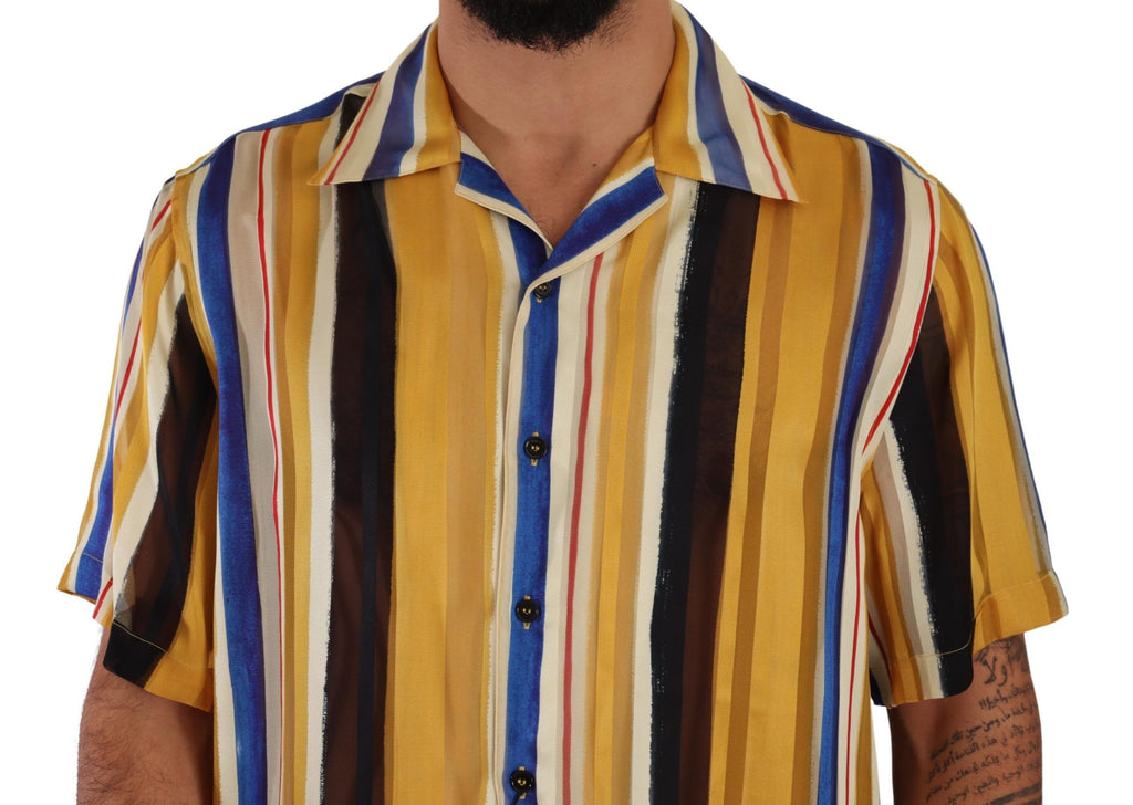 Dolce & Gabbana Yellow Striped Short Sleeve Silk Shirt Dolce & Gabbana
