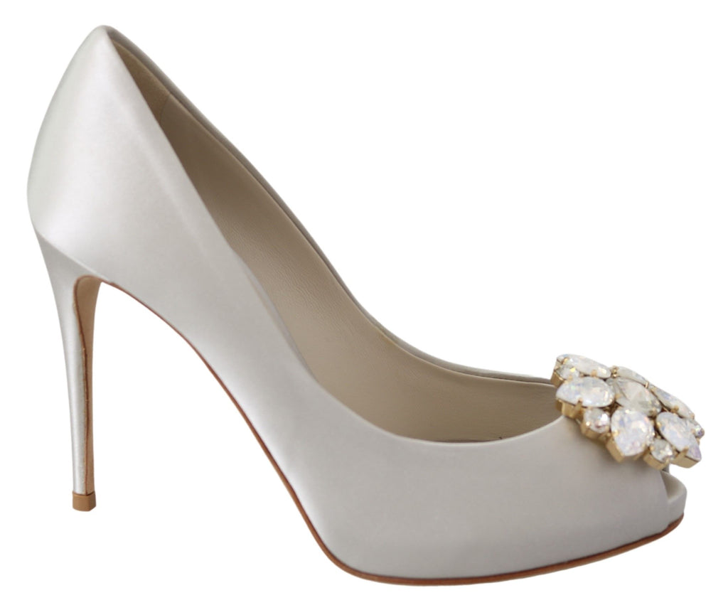Dolce & Gabbana White Crystals Peep Toe Heels Satin Pumps Shoes Dolce & Gabbana
