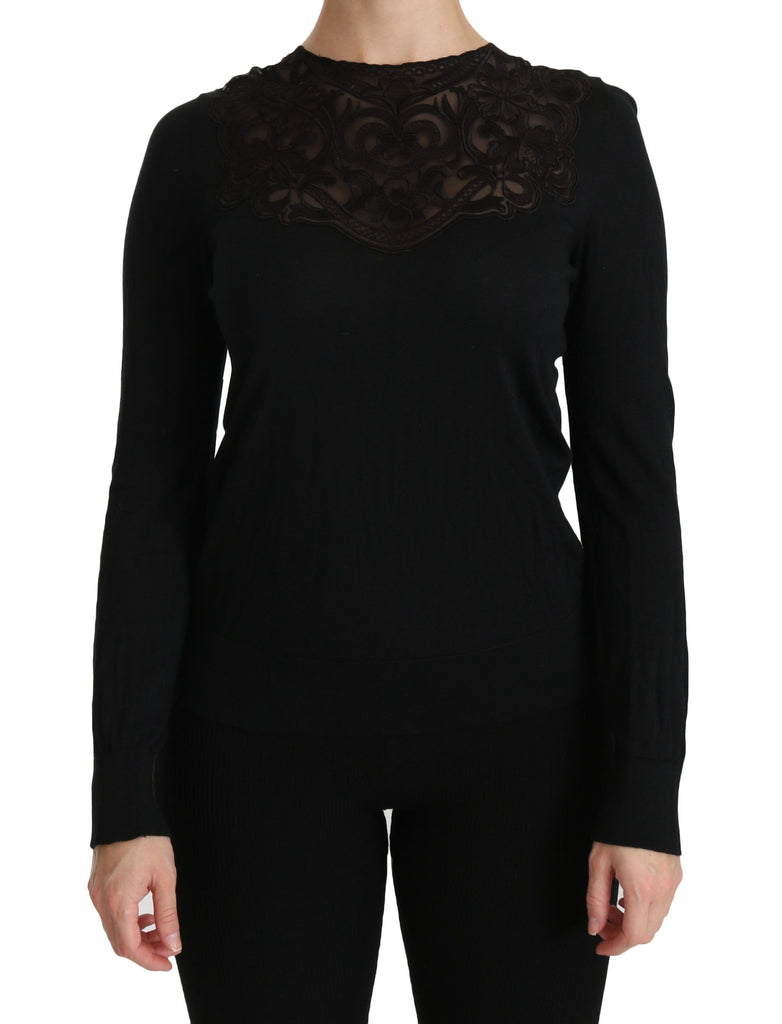Dolce & Gabbana Black Silk Lace Crew Neck Long Sleeve Blouse - Luxe & Glitz