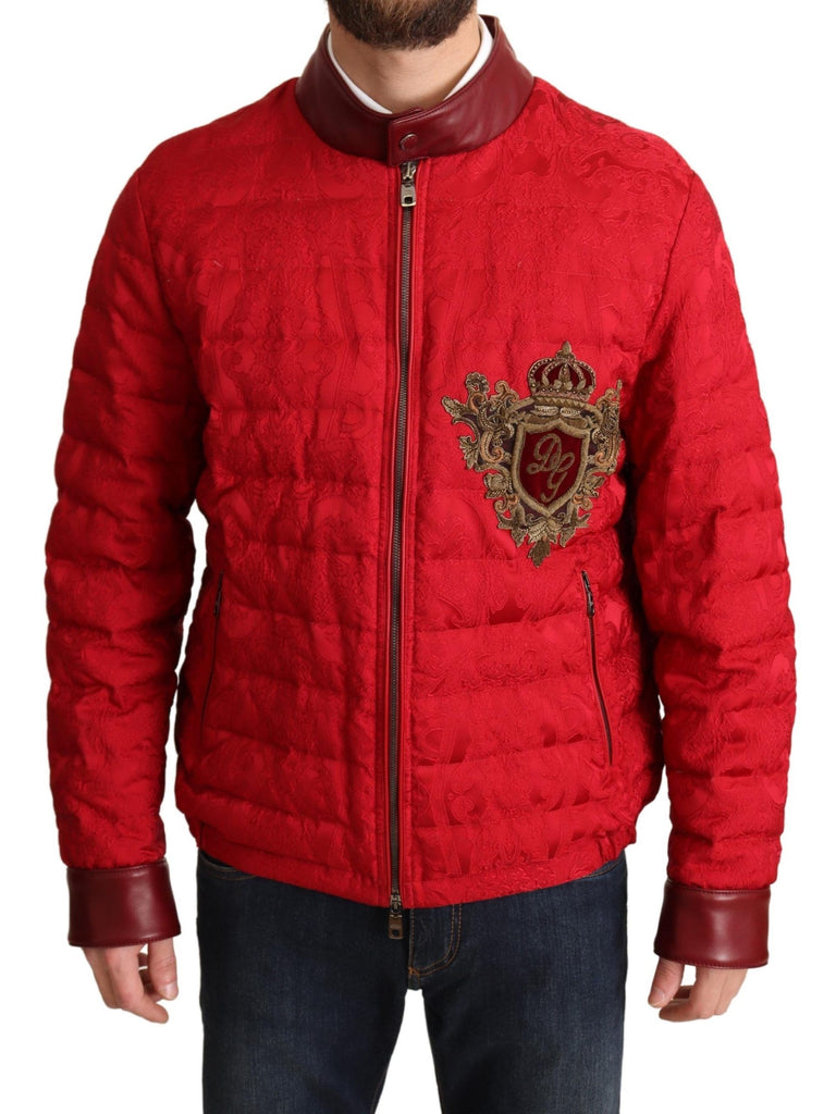 Dolce & Gabbana Red Brocade Bomber Gold Crown Logo Coat Jacket - Luxe & Glitz