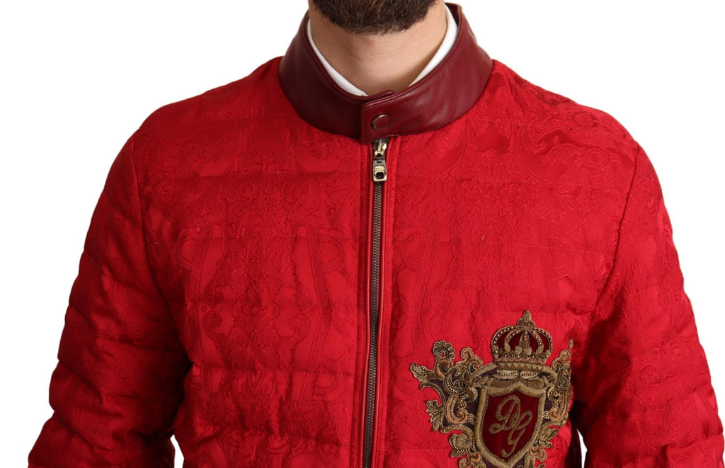 Dolce & Gabbana Red Brocade Bomber Gold Crown Logo Coat Jacket - Luxe & Glitz