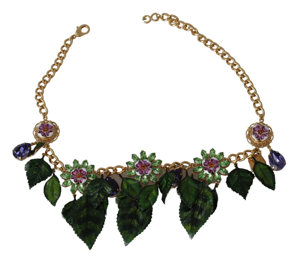 Dolce & Gabbana Green Leaves Gold Brass Crystal Flower Pendant Necklace Dolce & Gabbana