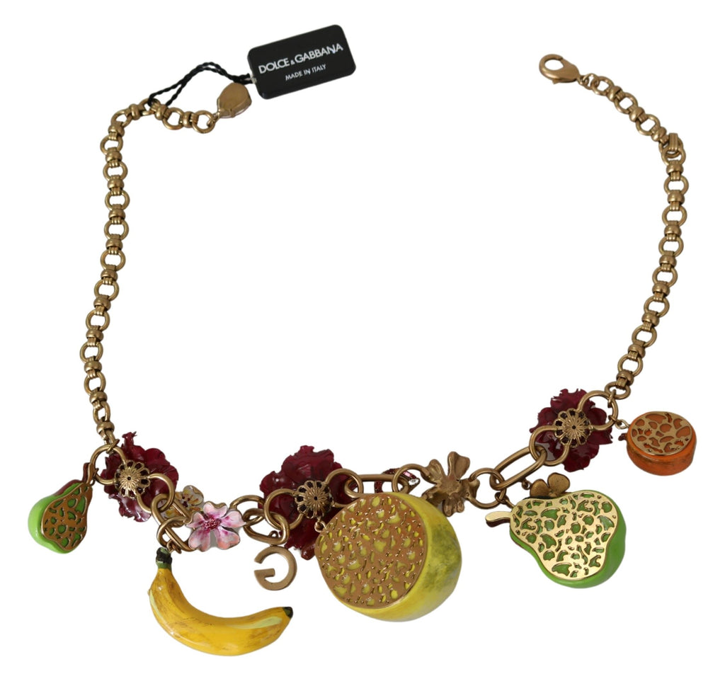Dolce & Gabbana FRUIT Pendants Flowers Crystal DG Logo Gold Brass Necklace Dolce & Gabbana