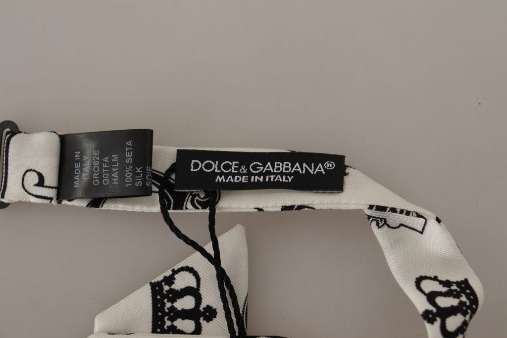 Dolce & Gabbana White Crown Pattern Adjustable Neck Papillon Bow Tie - Luxe & Glitz