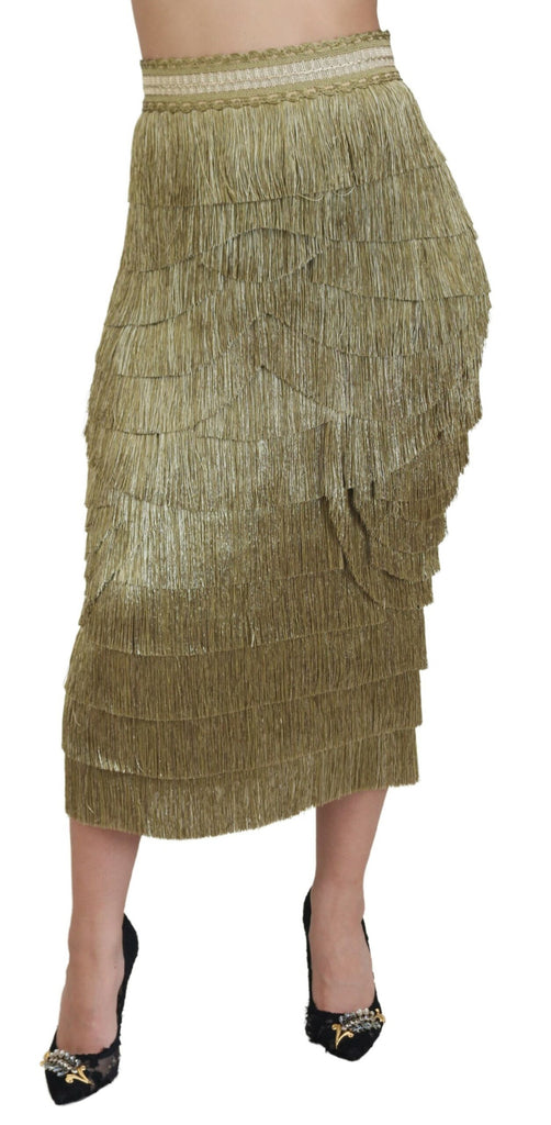 Dolce & Gabbana Gold Tiered Metallic Fringed Midi Silk Skirt Dolce & Gabbana