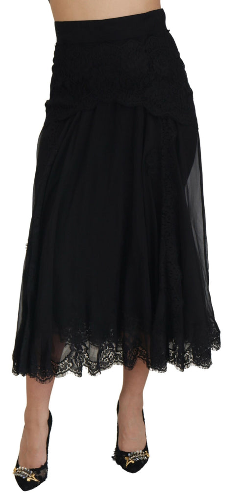 Dolce & Gabbana Black Silk Lace Trim High Waist Midi Skirt Dolce & Gabbana