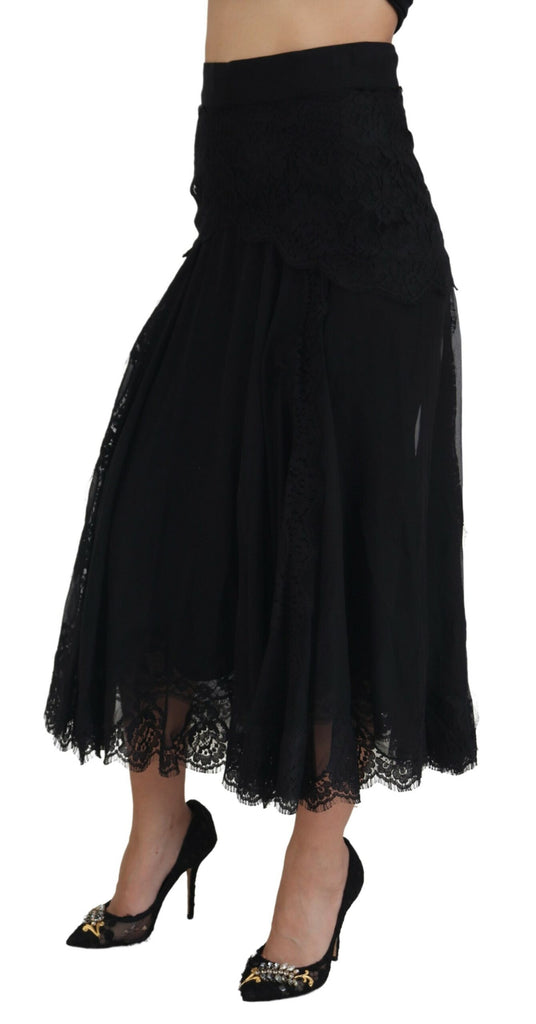 Dolce & Gabbana Black Silk Lace Trim High Waist Midi Skirt Dolce & Gabbana