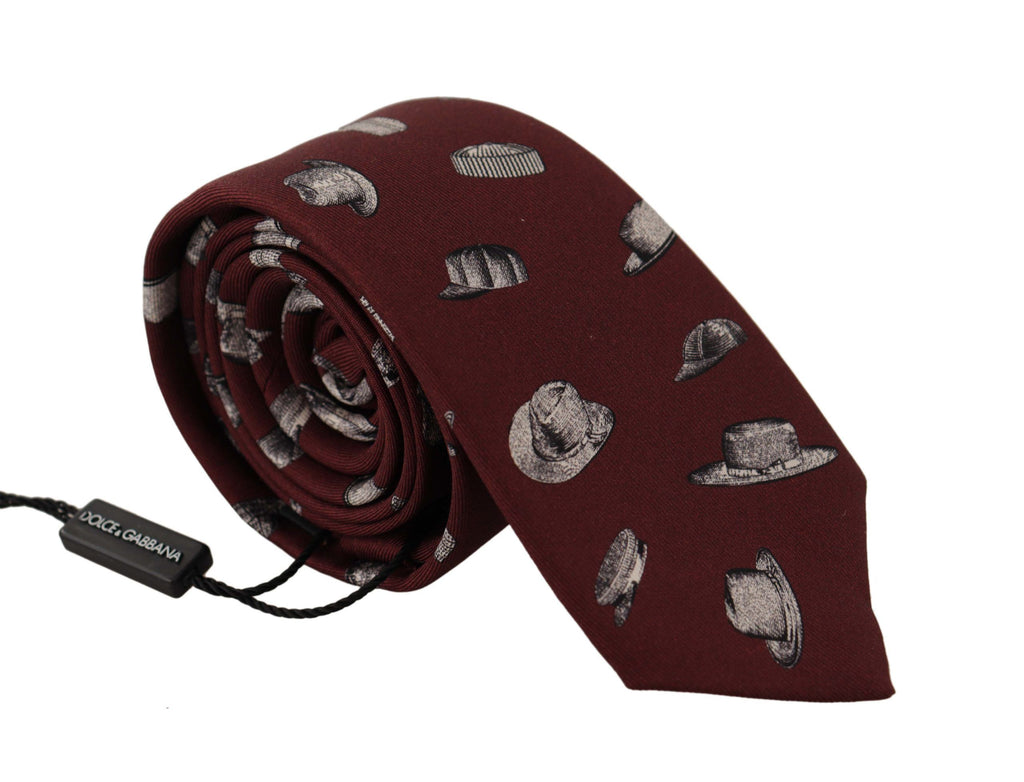 Dolce & Gabbana Maroon Hat Pattern 100% Silk Adjustable Accessory Tie - Luxe & Glitz