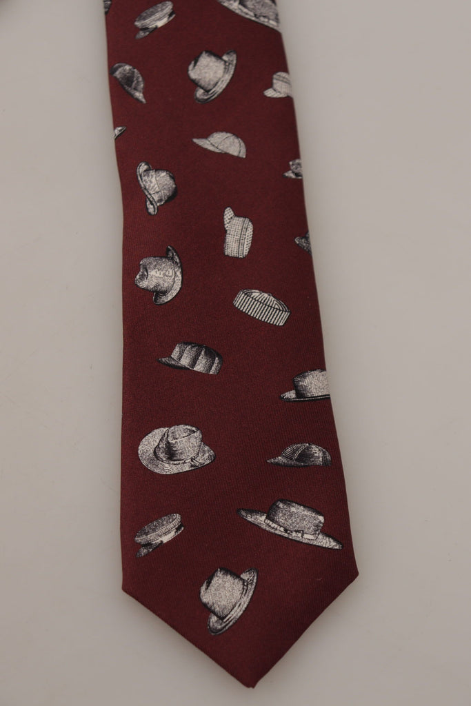 Dolce & Gabbana Maroon Hat Pattern 100% Silk Adjustable Accessory Tie - Luxe & Glitz