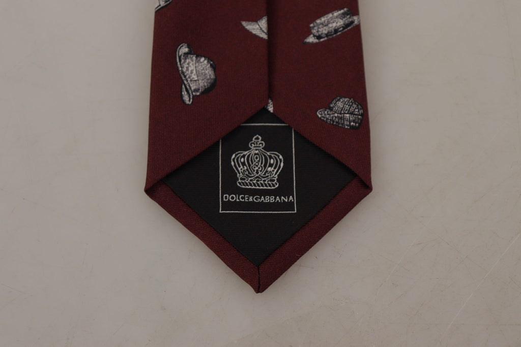 Dolce & Gabbana Maroon Hat Pattern 100% Silk Adjustable Accessory Tie - Luxe & Glitz