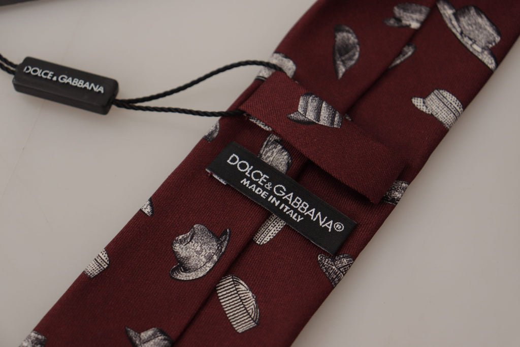 Dolce & Gabbana Maroon Hat Pattern 100% Silk Adjustable Accessory Tie - Luxe & Glitz