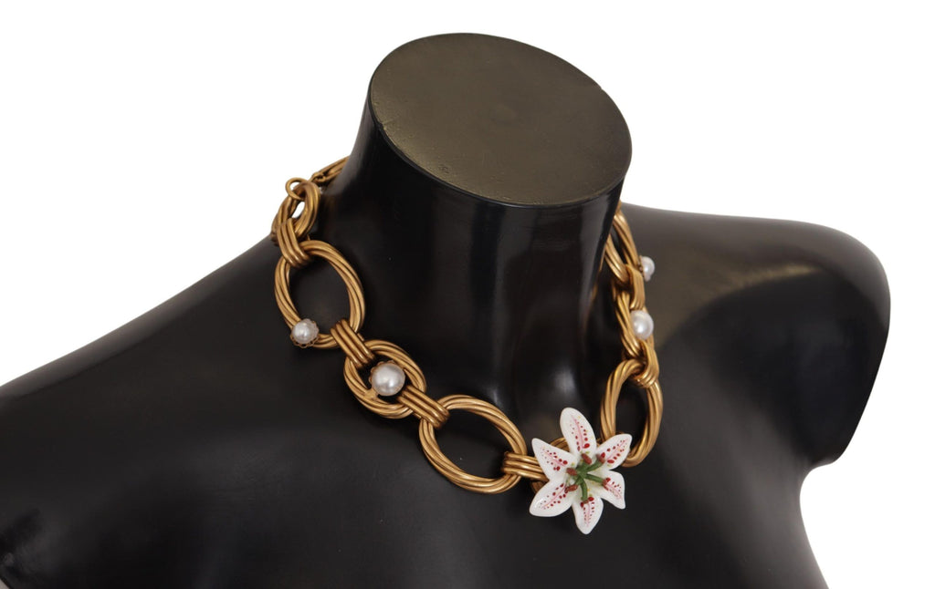 Dolce & Gabbana Gold White Lily Floral Chain Statement Necklace Dolce & Gabbana