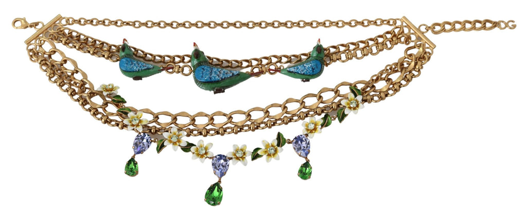 Dolce & Gabbana Gold Parrot Crystal Floral Charm Statement Necklace Dolce & Gabbana