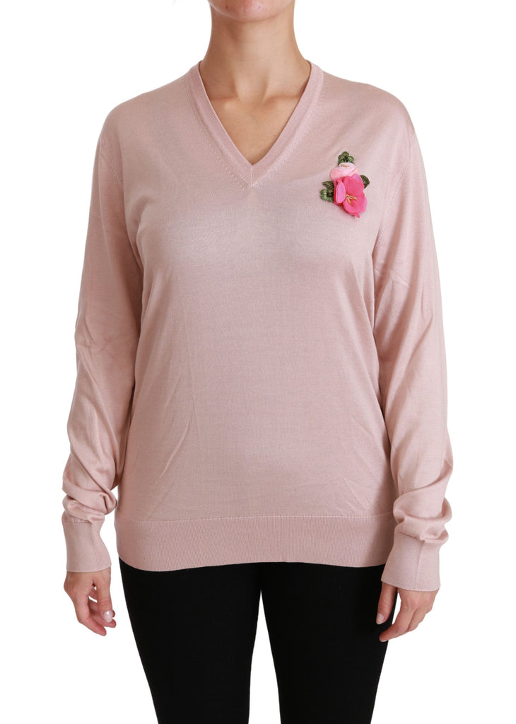 Dolce & Gabbana Pink Floral Embellished Pullover Silk Sweater - Luxe & Glitz