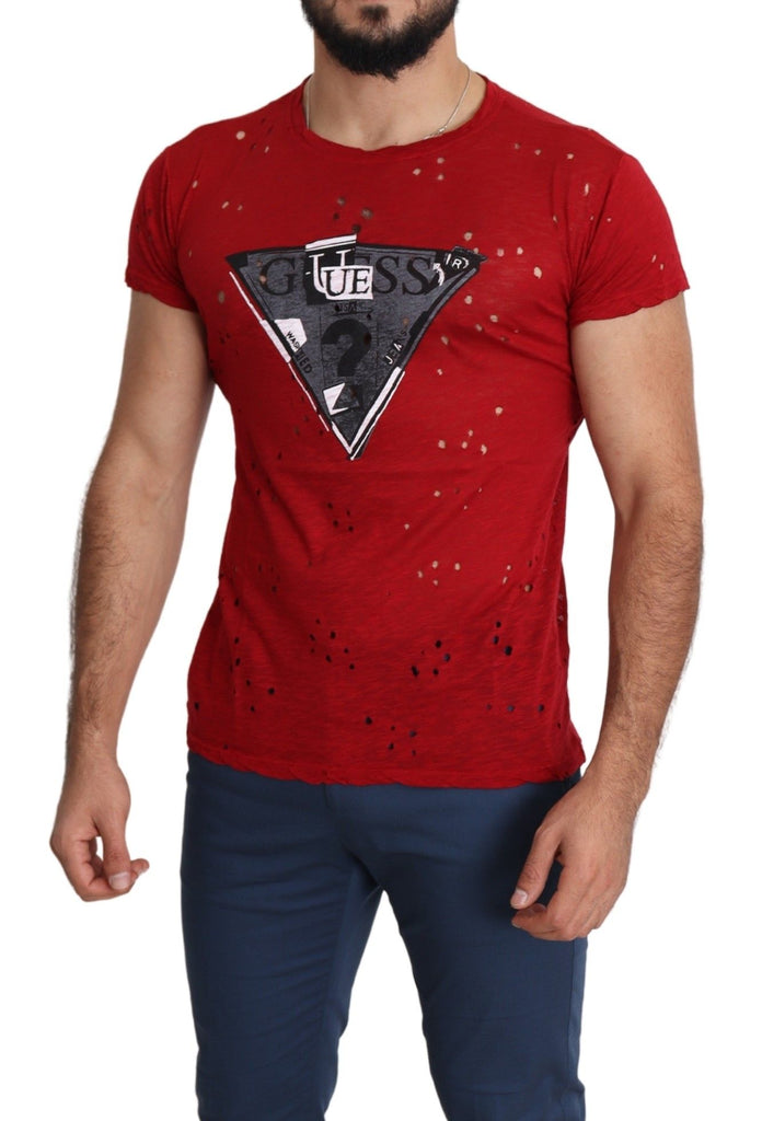 Guess Red Cotton Logo Print Men Casual Top Perforated T-shirt - Luxe & Glitz